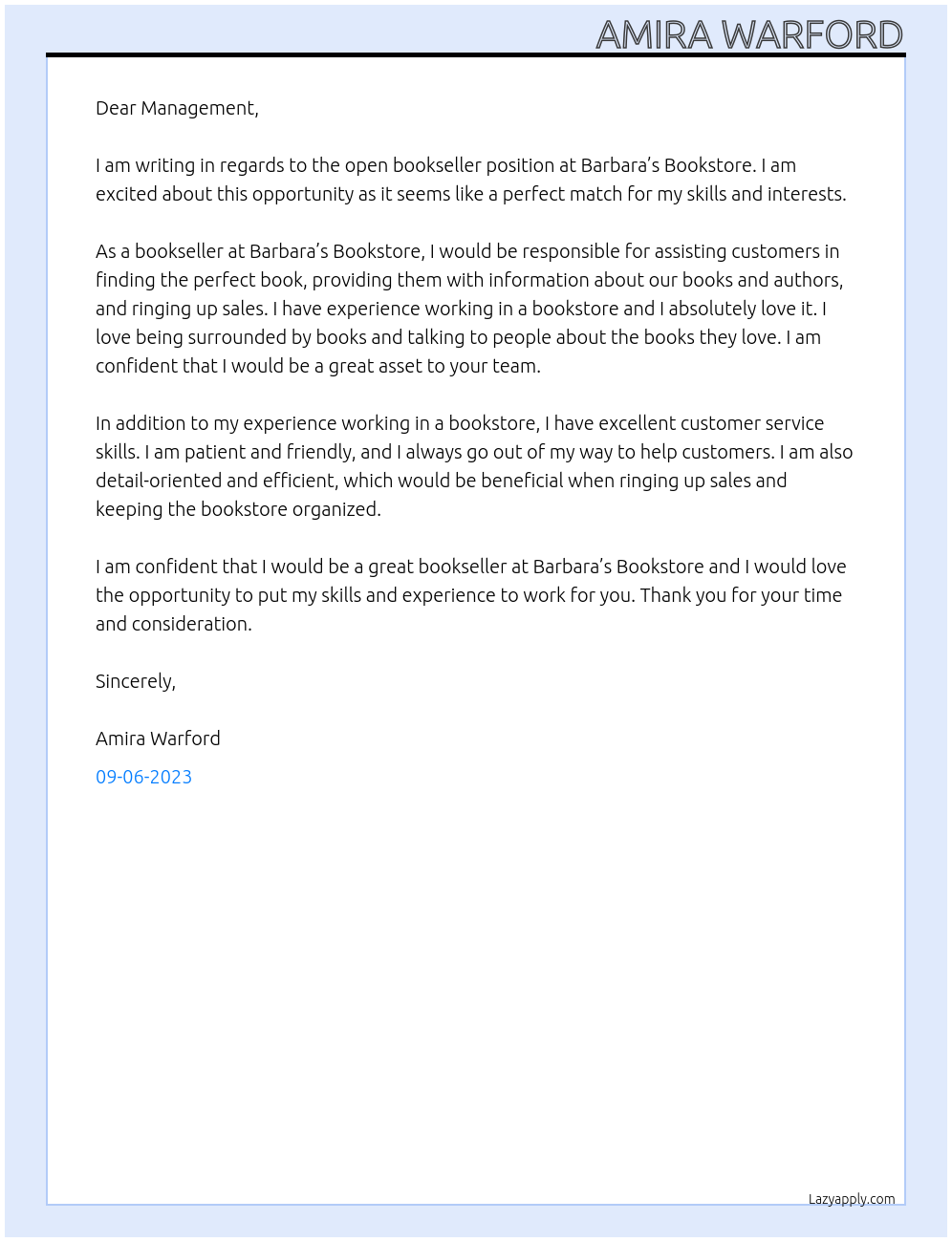 Bookseller At Barbara’s Bookstore Cover Letter