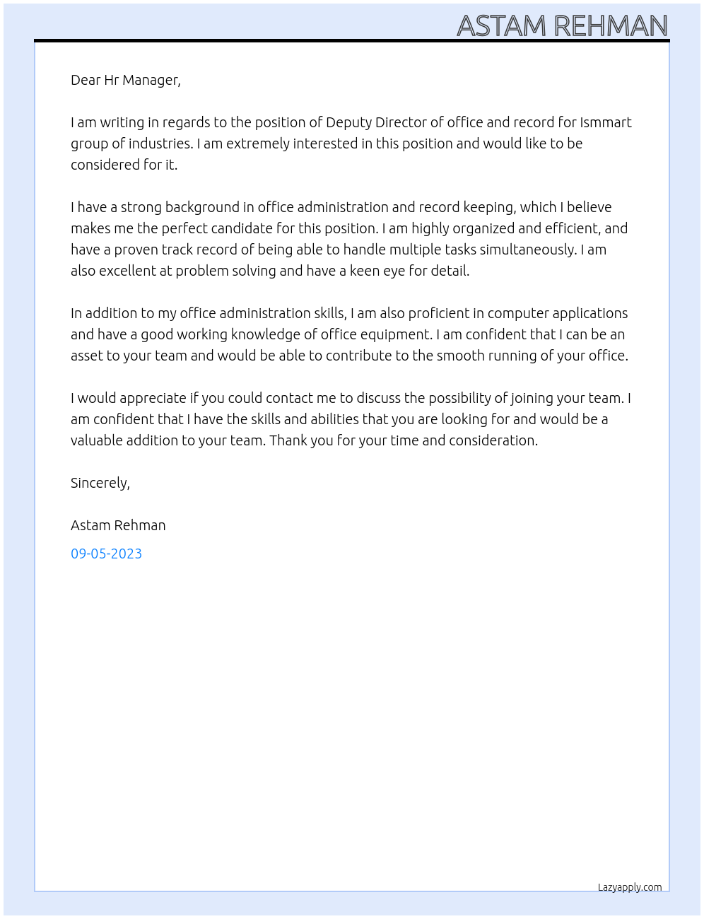 Deputy director office and record At Ismmart group of industries Cover Letter