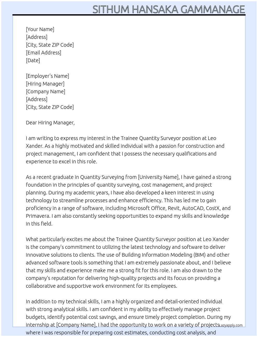 Trainee Quantity Surveyor At Leo Xander Cover Letter