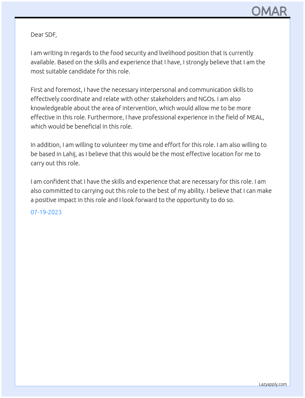 Food Security and Livelihood At SDF  Cover Letter