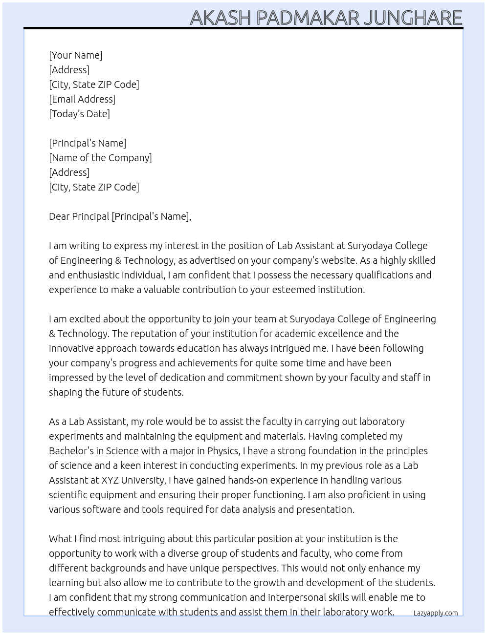 lab assistant At Suryodaya College Of Engineering & Technology Cover Letter