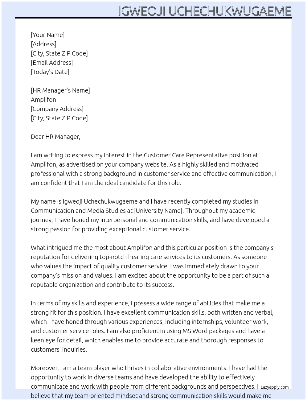 Customer Care representative  At Amplifon Cover Letter