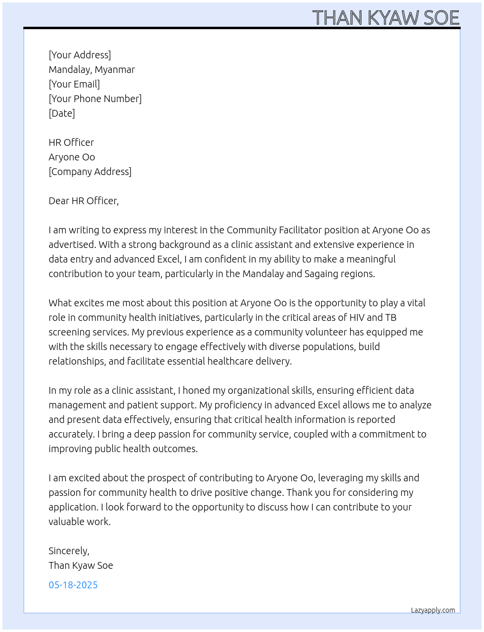 community facilitator At Aryone Oo Cover Letter