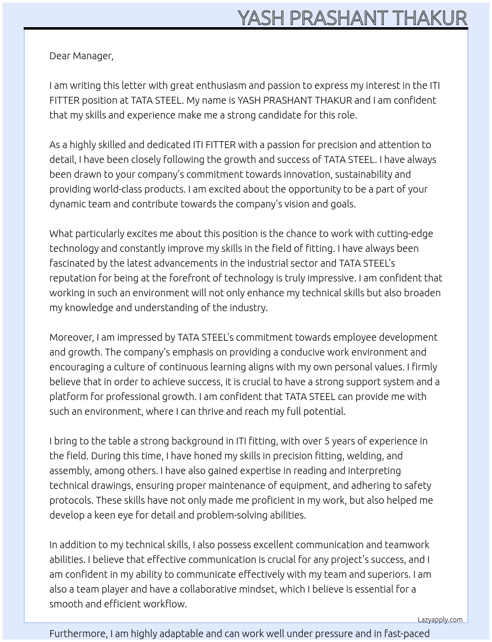 ITI FITTER  At TATA STEEL  Cover Letter