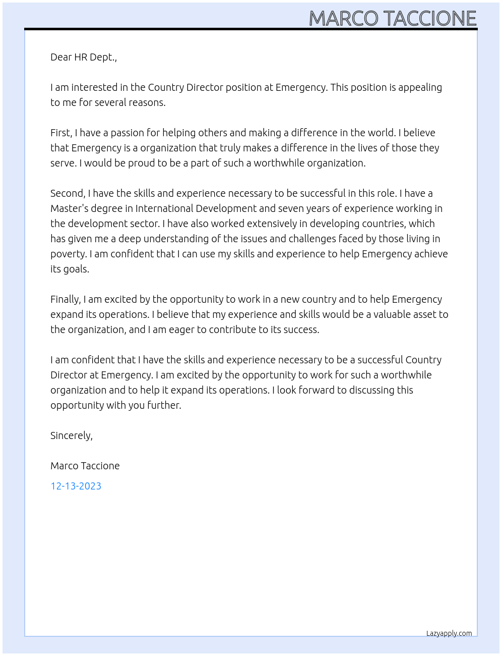 Country Director At Emergency Cover Letter