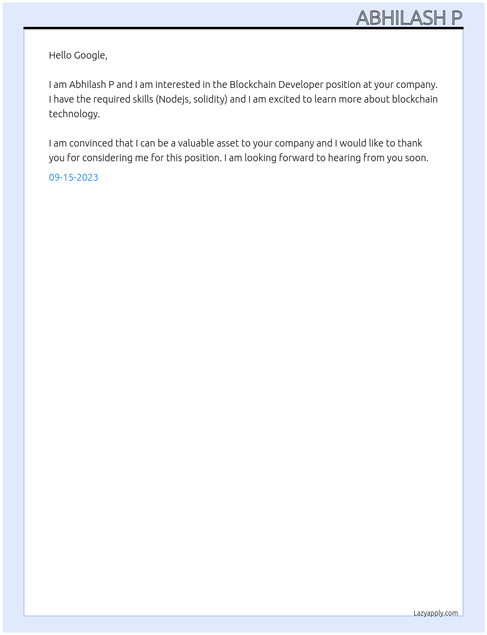 Blockchain Developer At Google Cover Letter