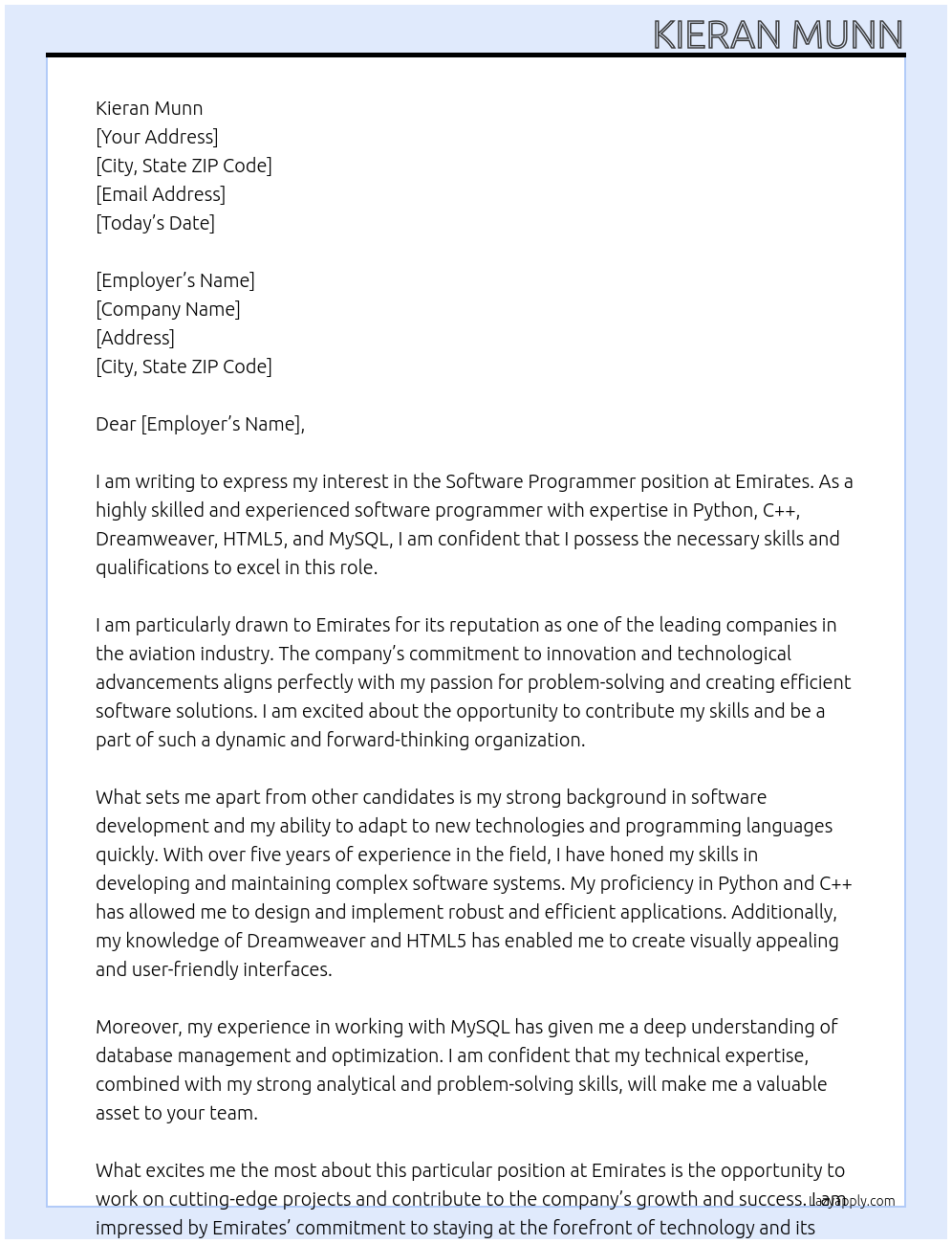 Software Programmer At emirates Cover Letter