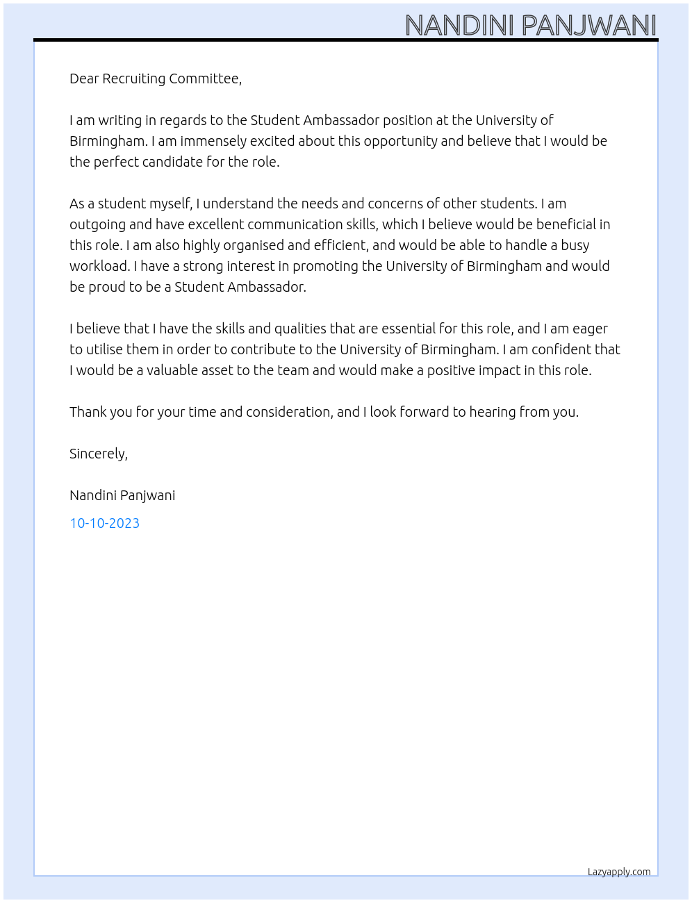 Student Ambassador At University of Birmingham Cover Letter