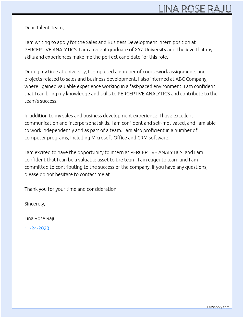 Sales and Business Development Intern At PERCEPTIVE ANALYTICS Cover Letter