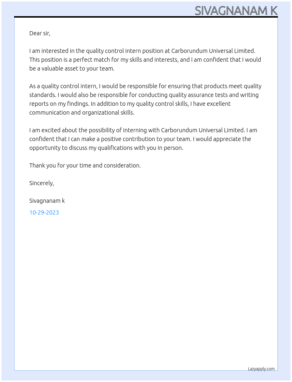 Quality control At Carborundum univesal limited Cover Letter