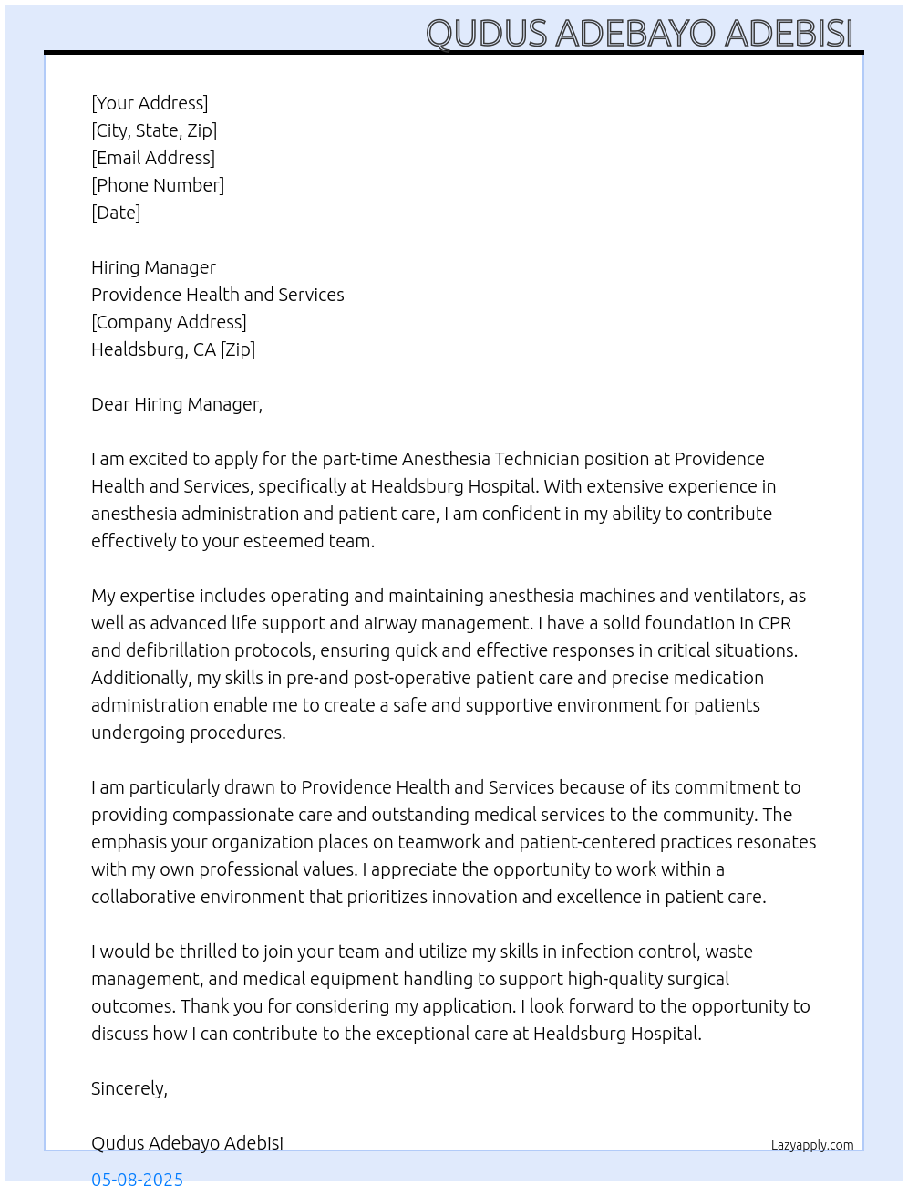 Anesthesia Technician  At Providence health and services  Cover Letter