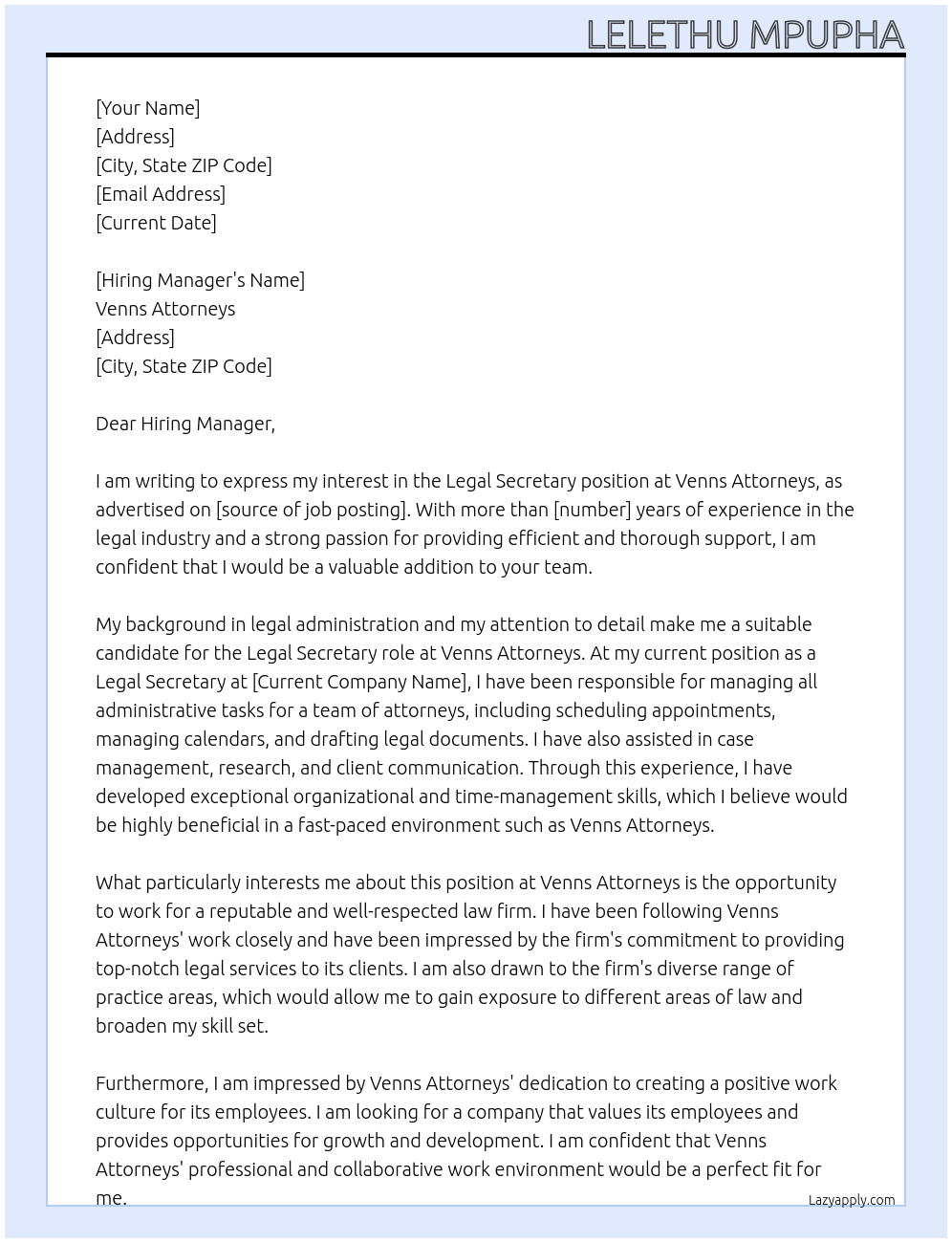 Legal Secretary At Venns Attorneys Cover Letter