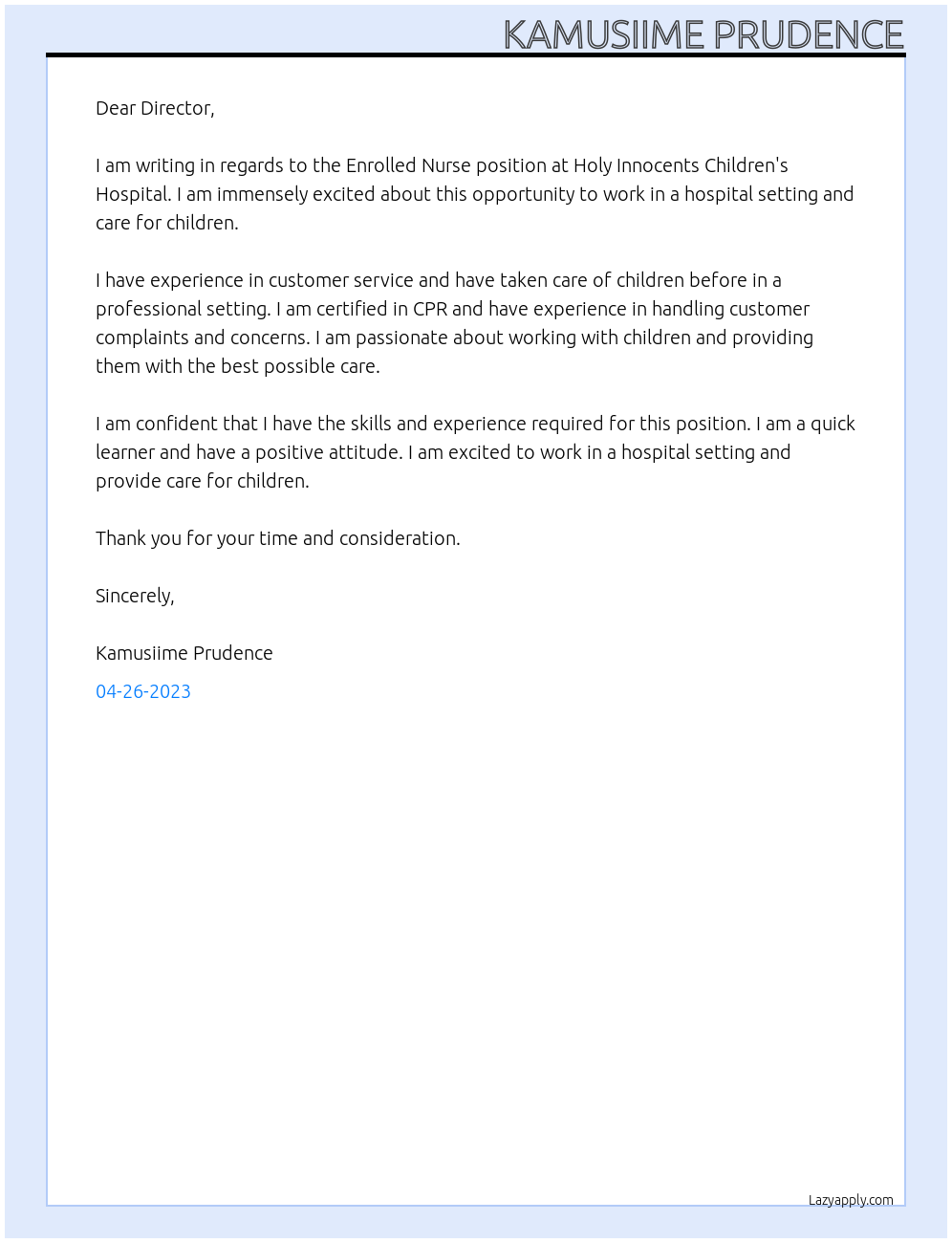 Enrolled Nurse At Holy Innocents Children's Hospital Cover Letter