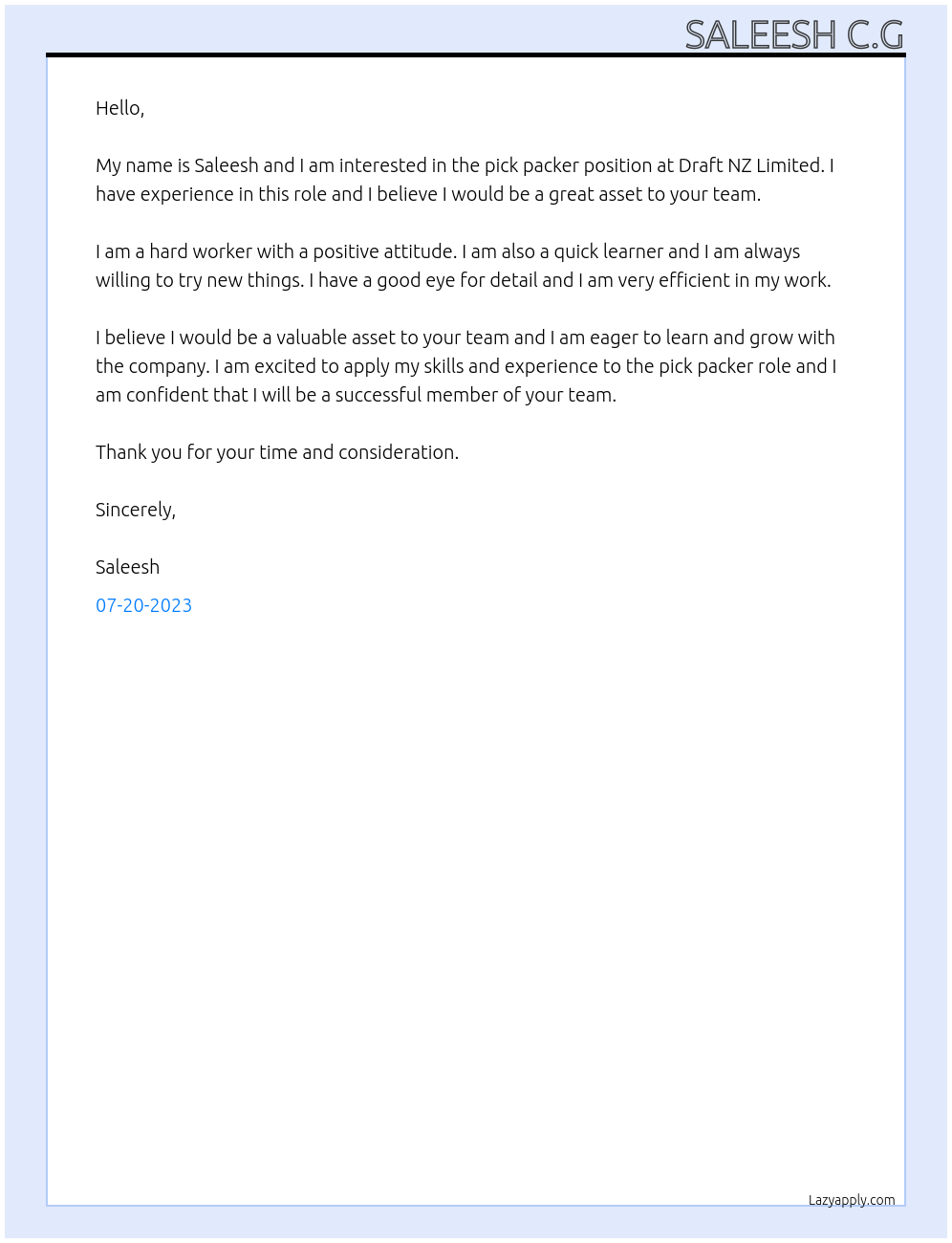 Pick packer At Draft NZ Limited Cover Letter