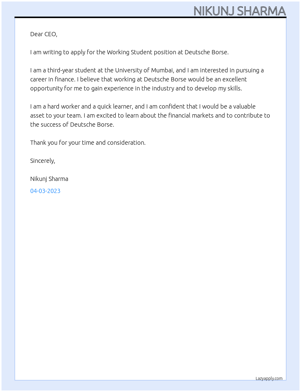 Working student At Deutsche borse Cover Letter