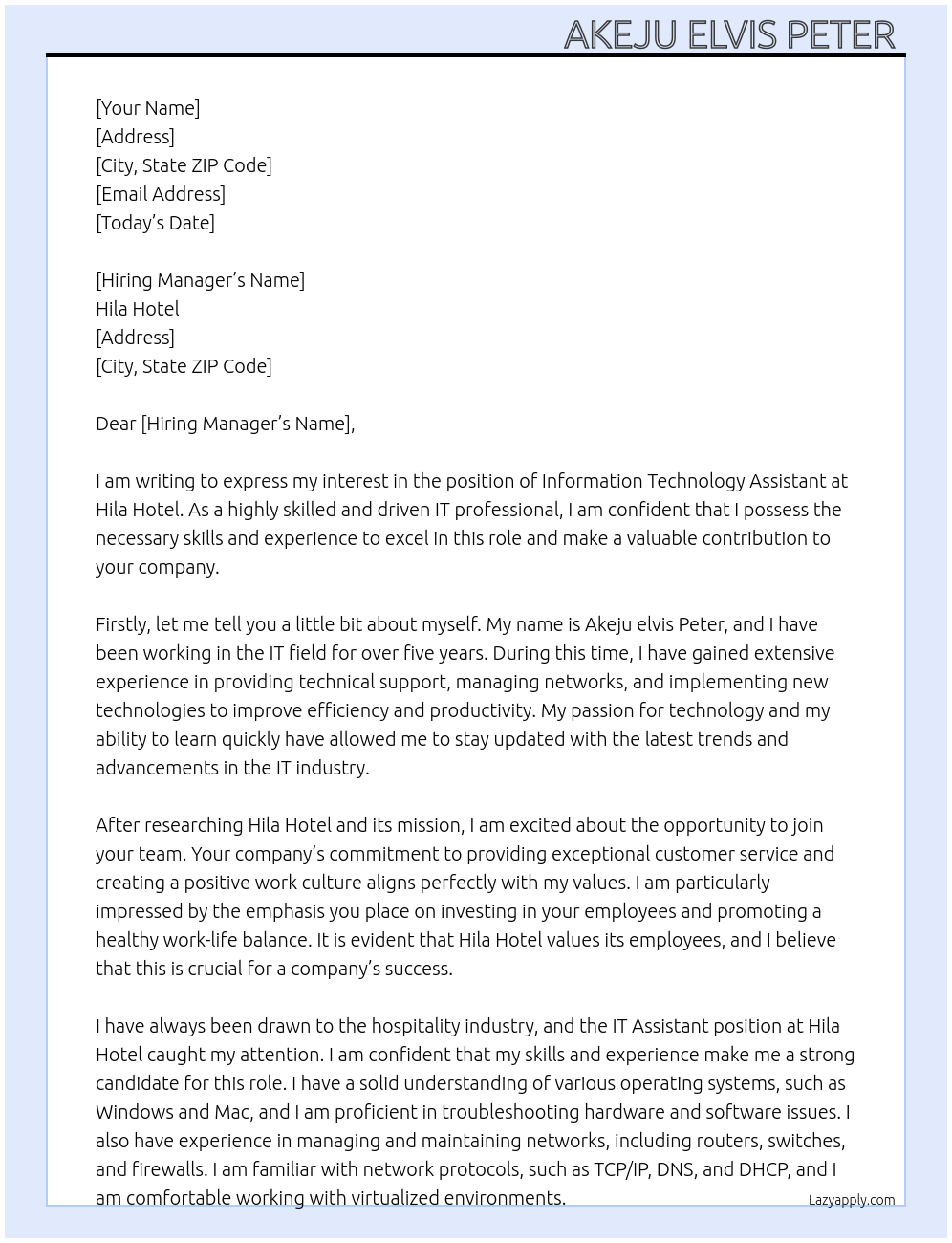 Information Technology Assistant At hila hotel Cover Letter