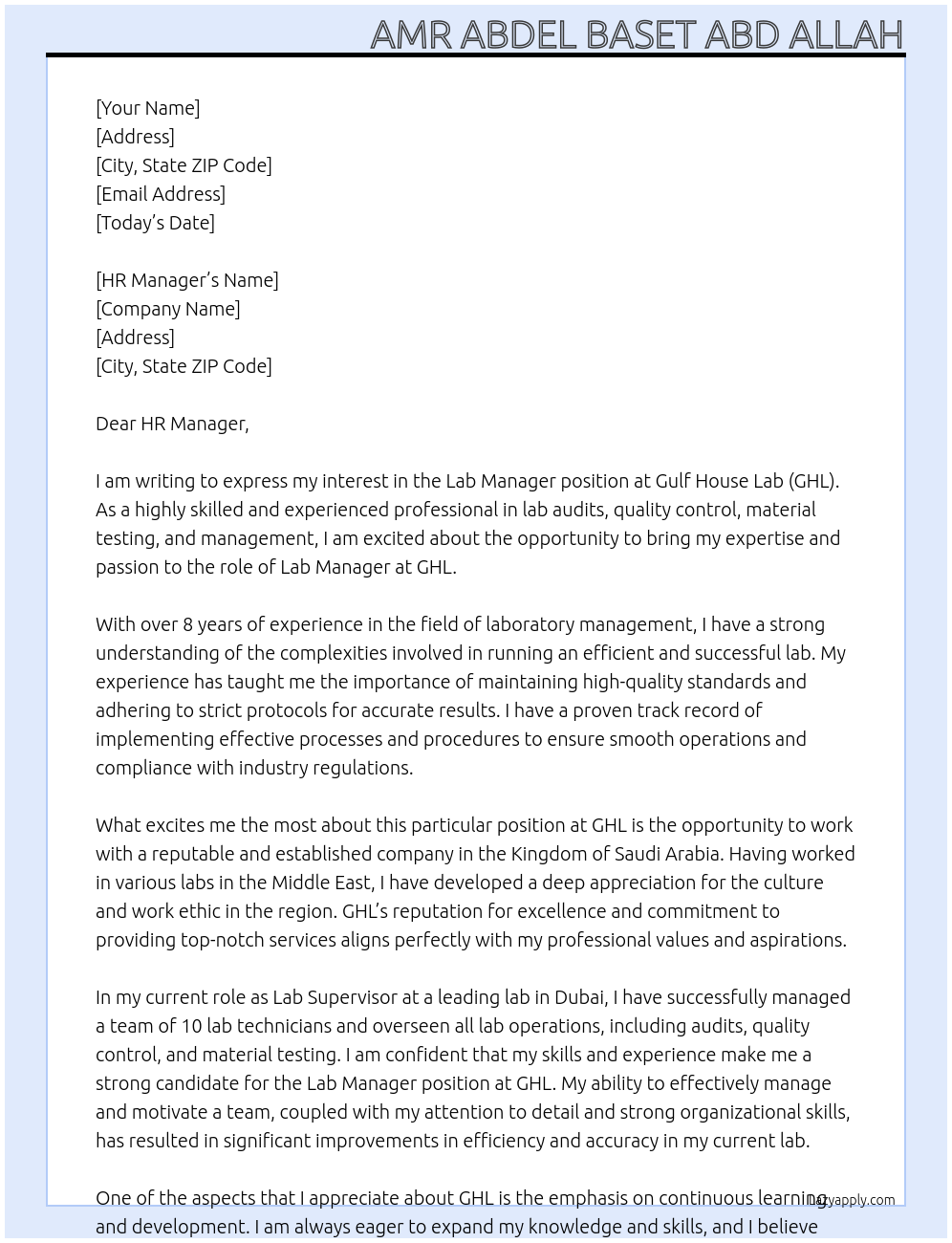 Lab Manager At Gulf House Lab(GHL) Cover Letter