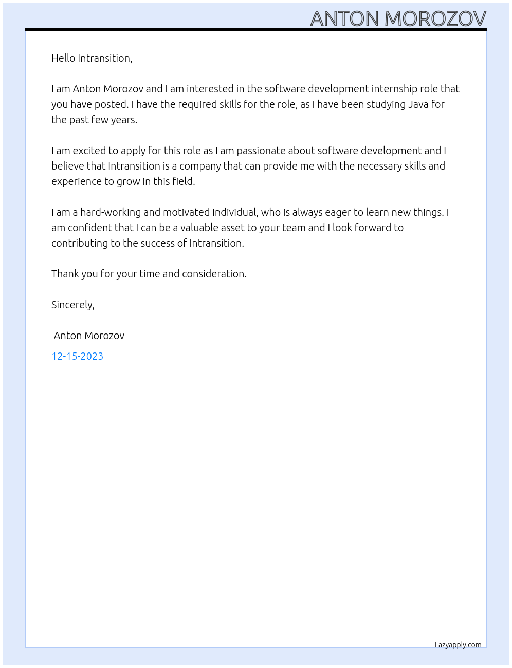 Software Development At Intransition Cover Letter