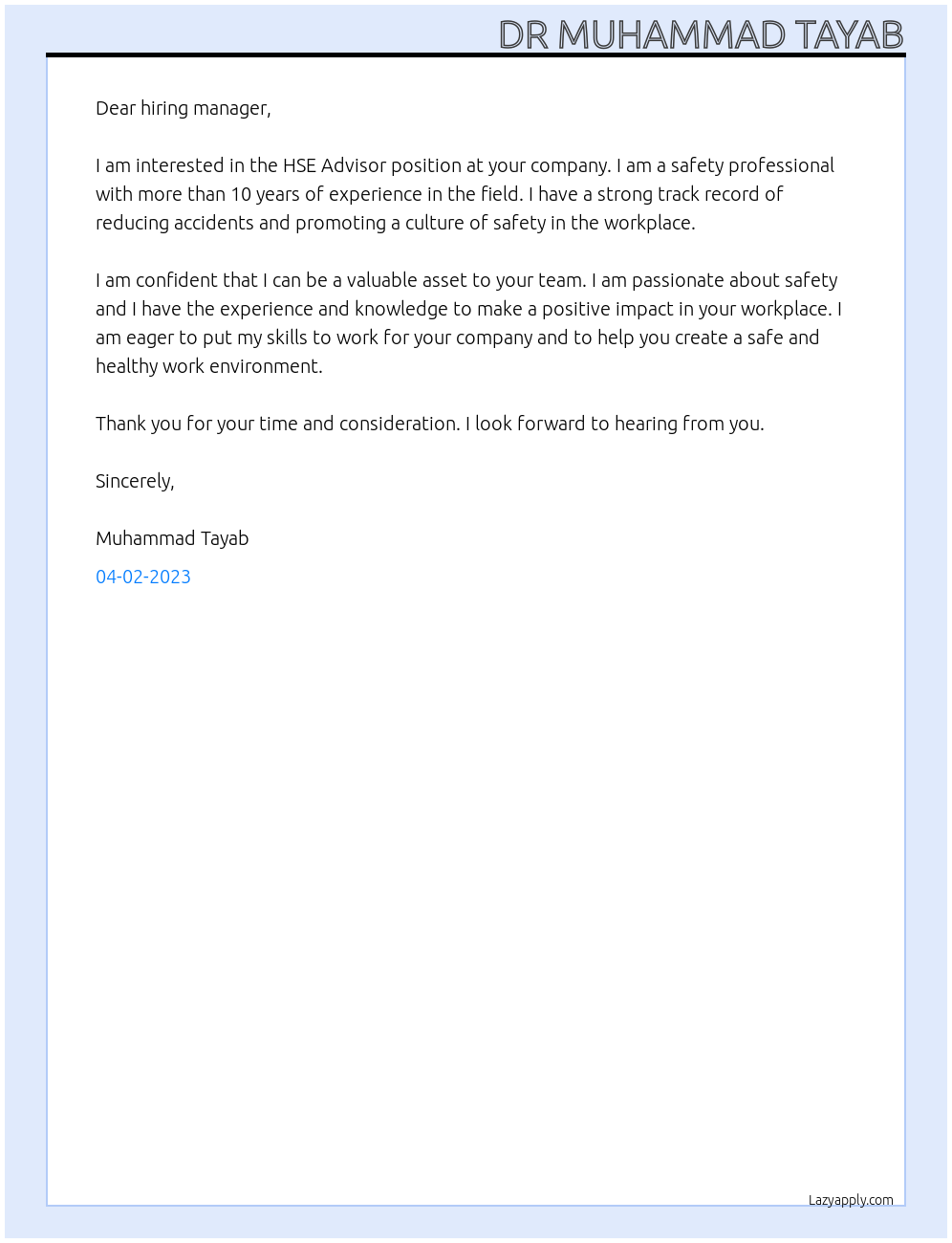 HSE Advisor At Dr Muhammad Tayab Cover Letter