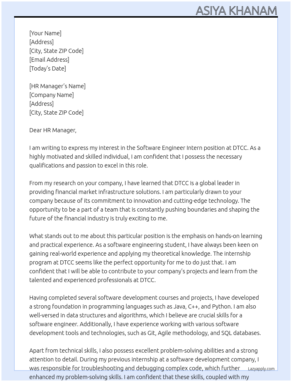 Software Engineer Intern At DTCC Cover Letter