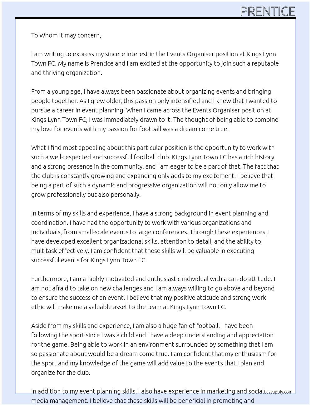 Events Organiser  At Kings Lynn Town FC Cover Letter