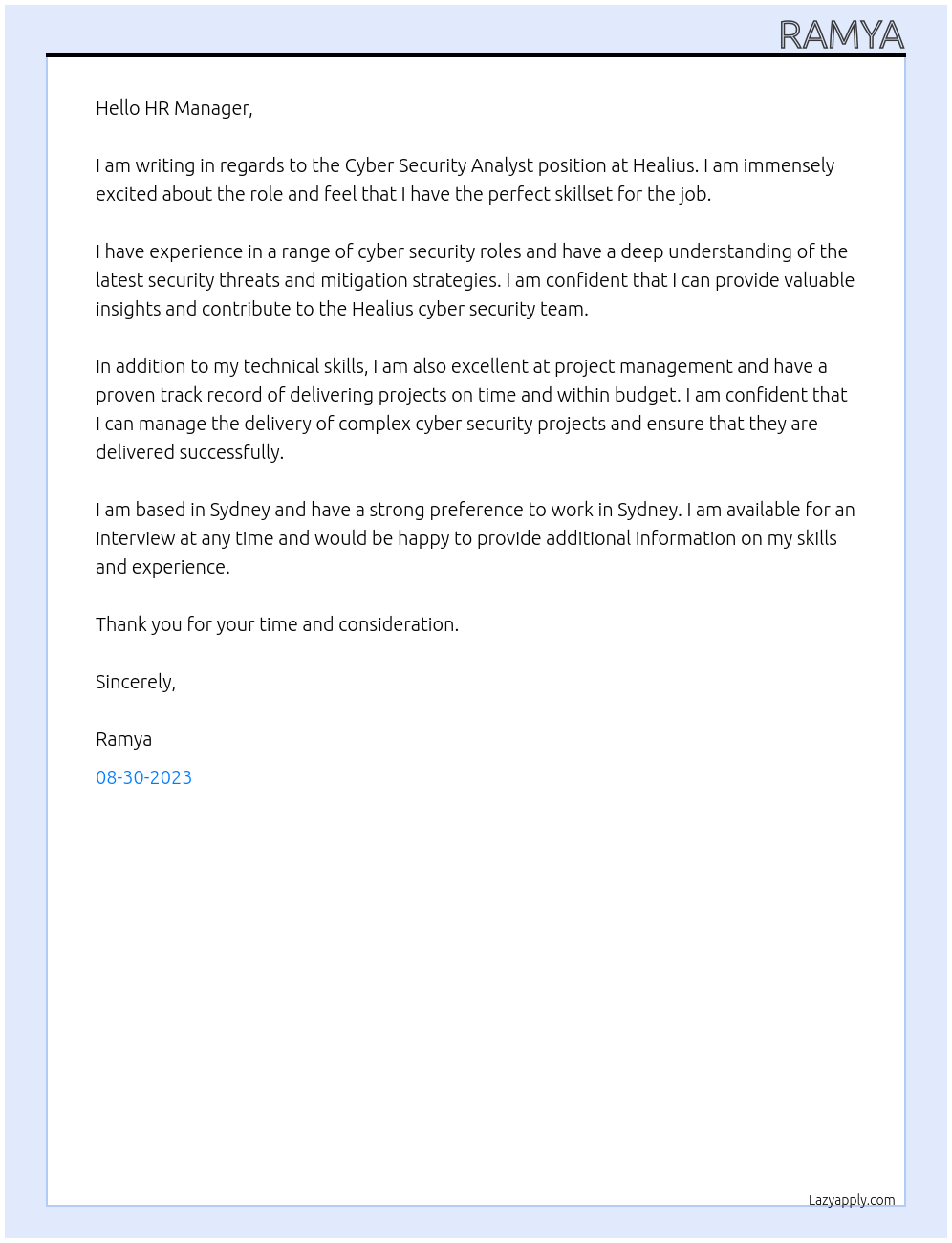 Cyber Security Analyst At Healius Cover Letter