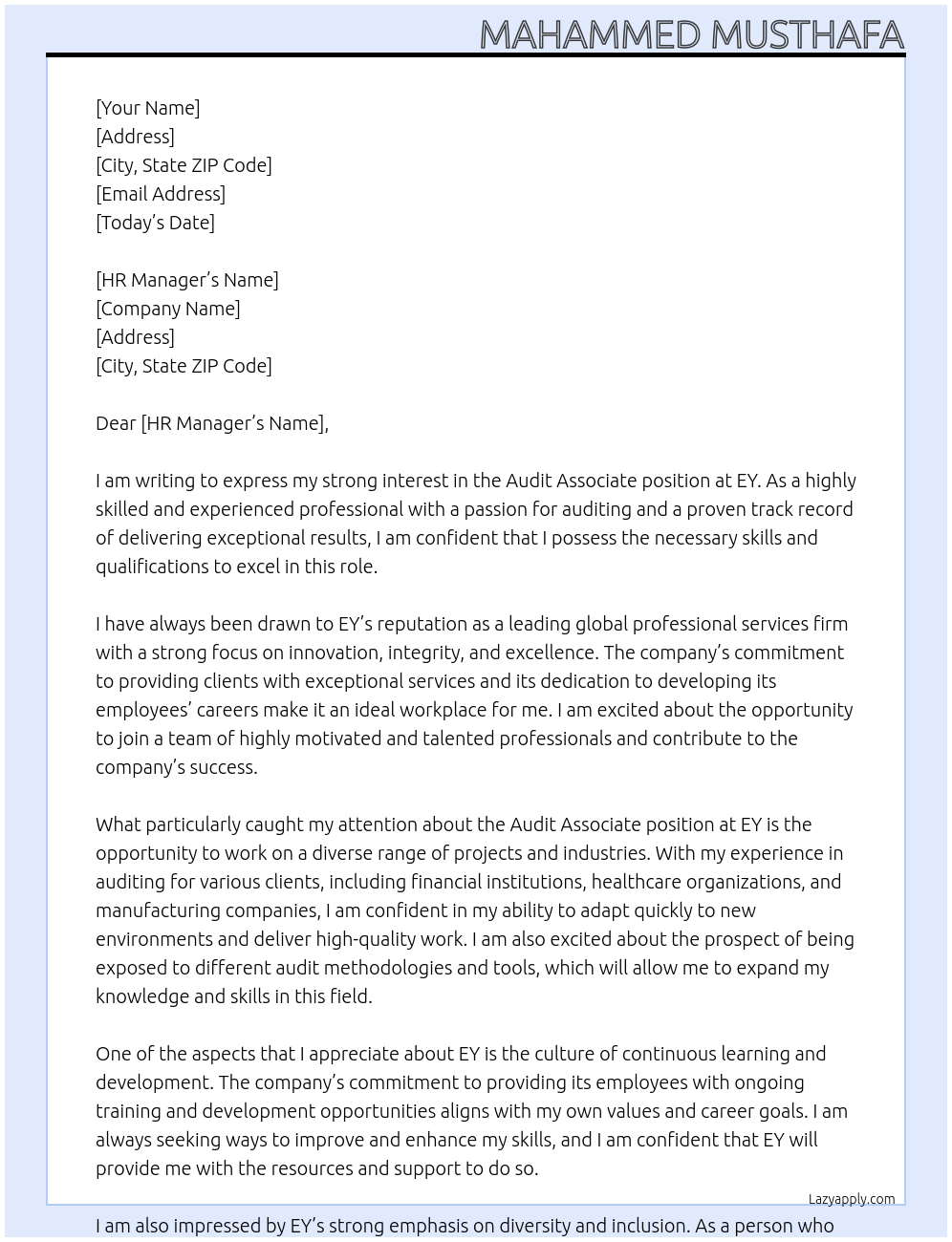 Audit associate At EY Cover Letter