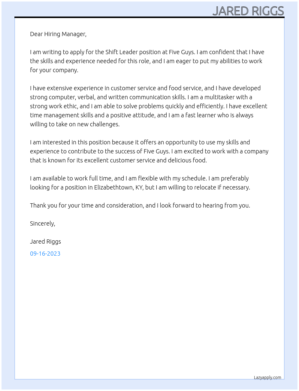 Shift Leader At Five Guys Cover Letter