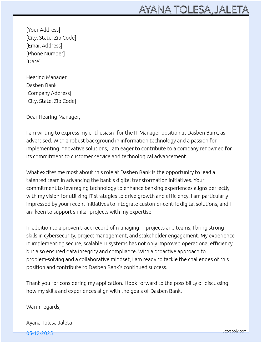 IT manager At Dasben Bank Cover Letter