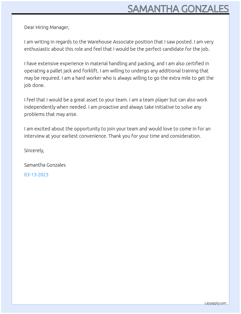 Warehouse Associate  At Noms Cover Letter