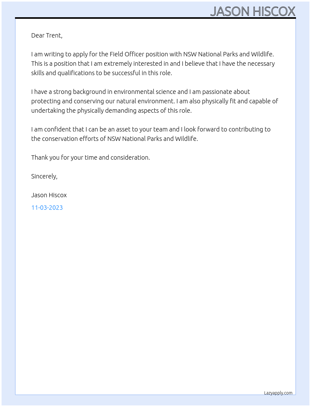 Field Officer At NSW National Parks and Wildlife Cover Letter