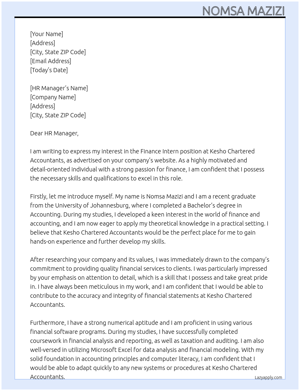 Finance intern At Kesho Charted Accountants Cover Letter