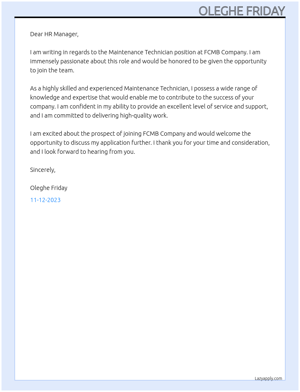 Maintenance Technician At FCMB COMPANY Cover Letter