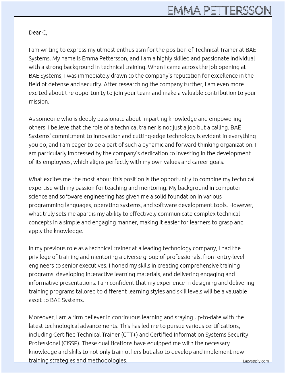 Cover letter for technical trainer - LazyApply