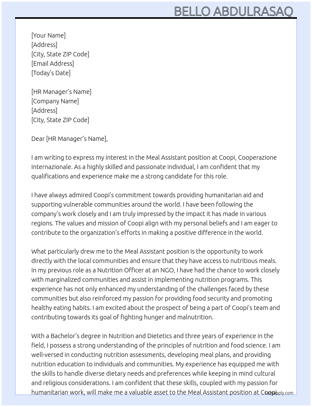 Meal assistant At Coopi ,cooperazione internazionale Cover Letter