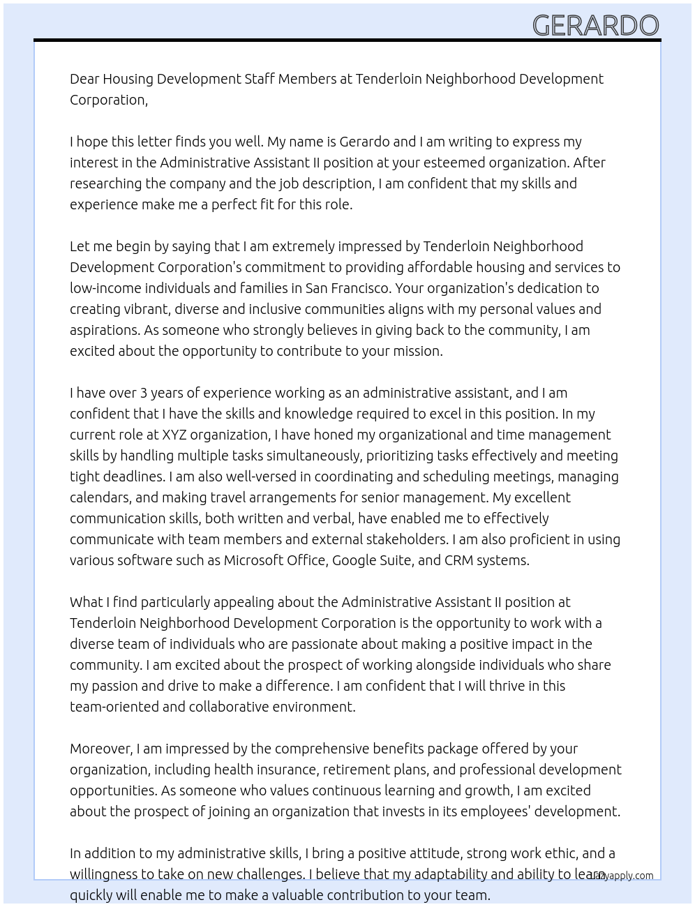 Administrative Assistant II At Tenderloin Neighborhood Development Corporation Cover Letter