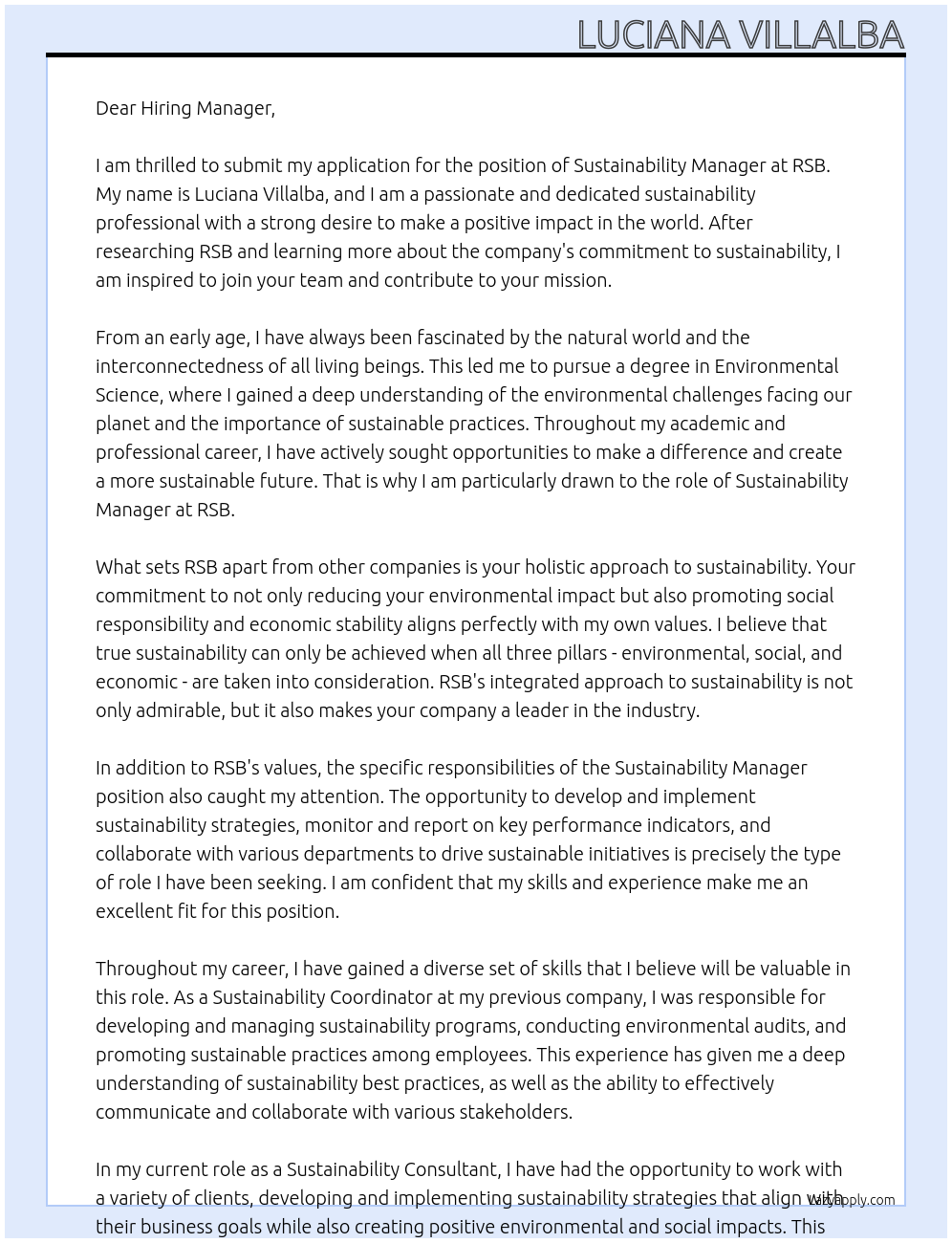 Sustainability Manager At RSB Cover Letter