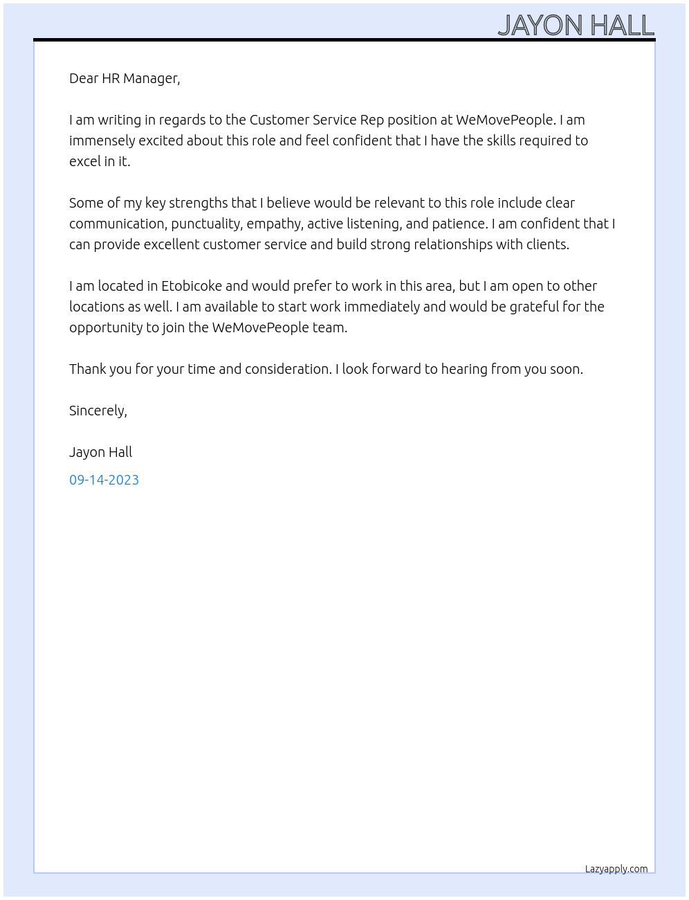 Customer Service Rep At WeMovePeople Cover Letter