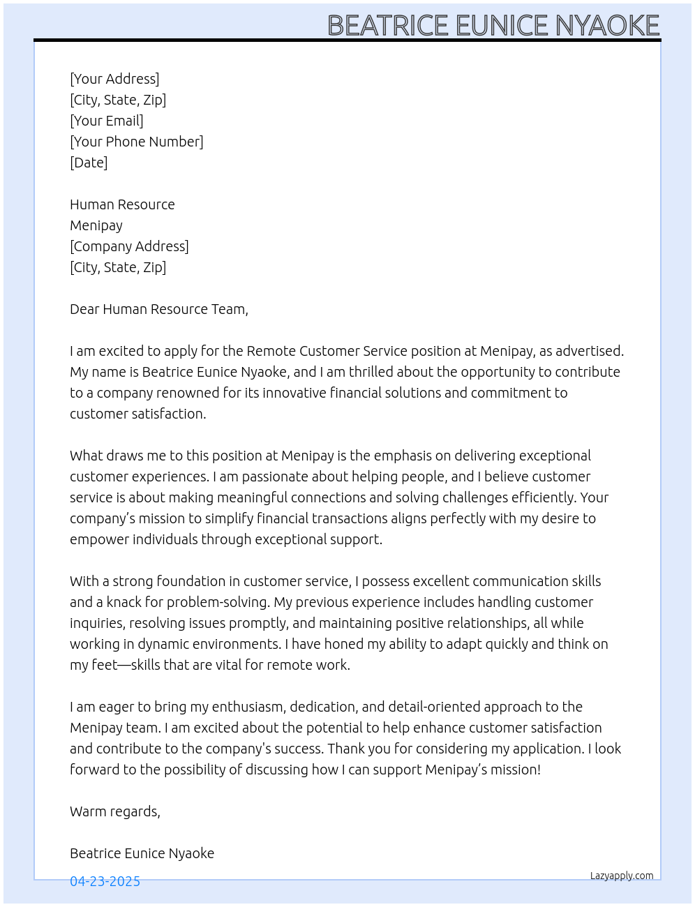 Remote customer service At Menipay Cover Letter