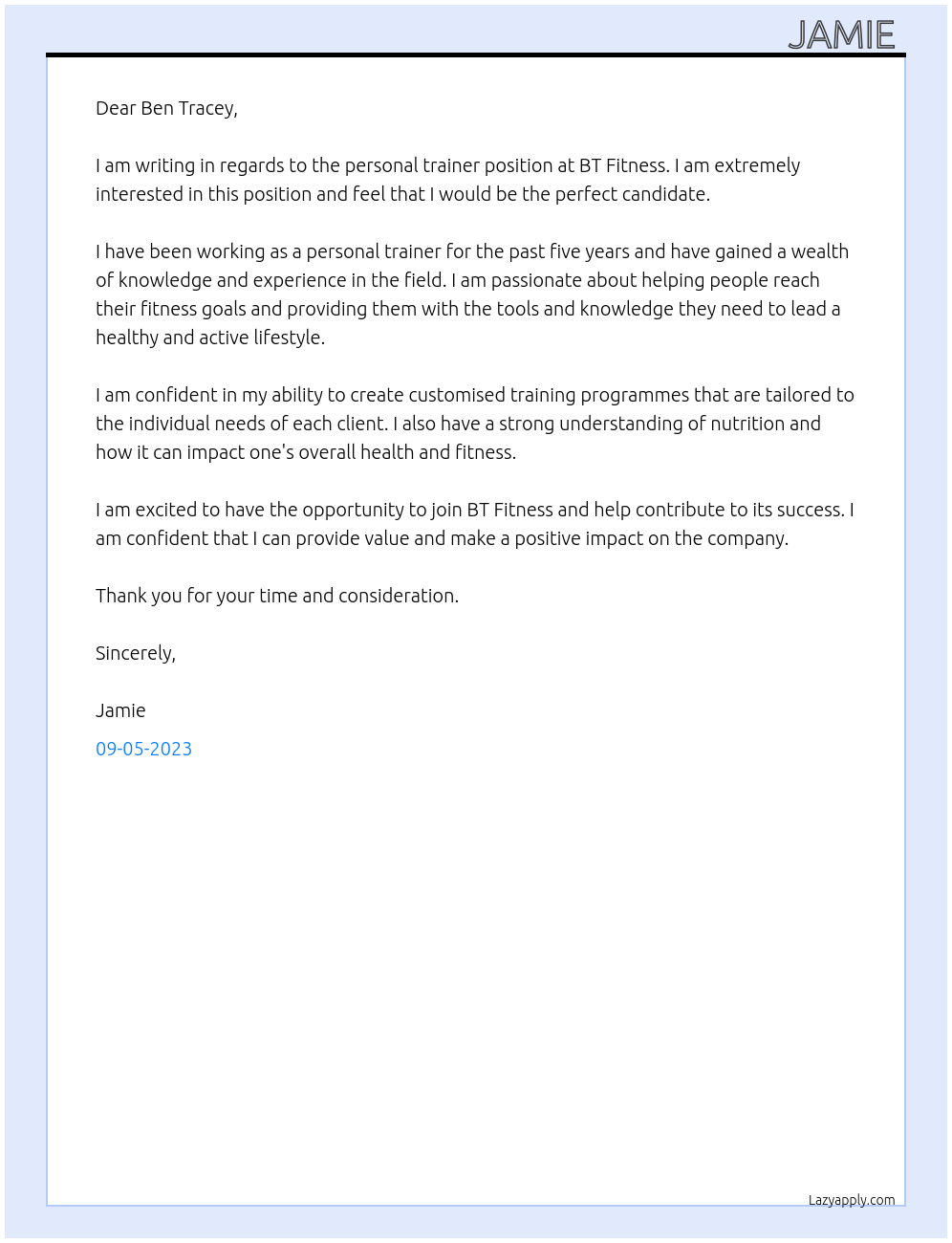 personal trainer At bt fitness Cover Letter