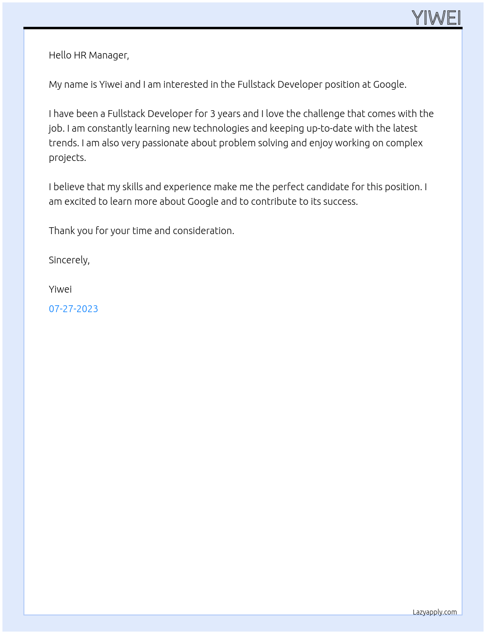 Fullstack Developer At google Cover Letter