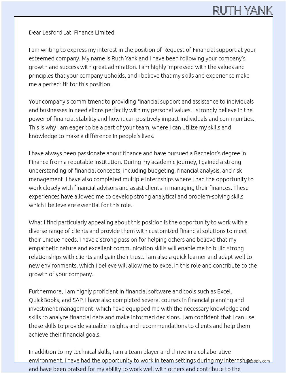 Cover letter for request of financial support - LazyApply