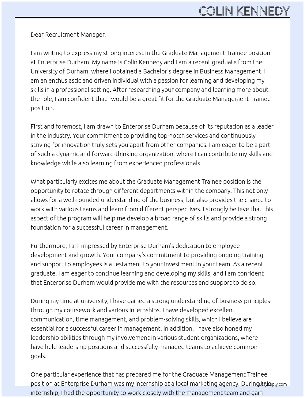 Graduate Management Trainee At Enterprise Durham Cover Letter
