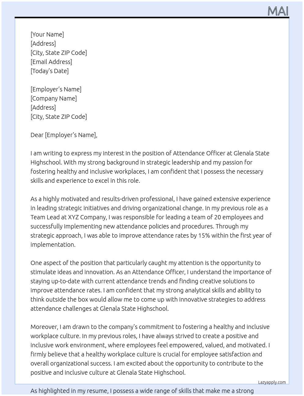 Attendance Officer At Glenala State Highschool Cover Letter