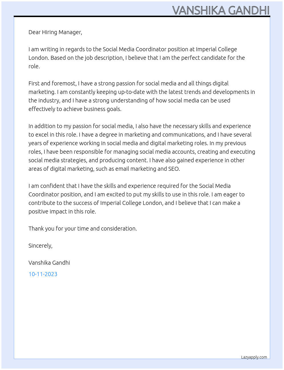 Social Media Coordinator At Imperial college London Cover Letter