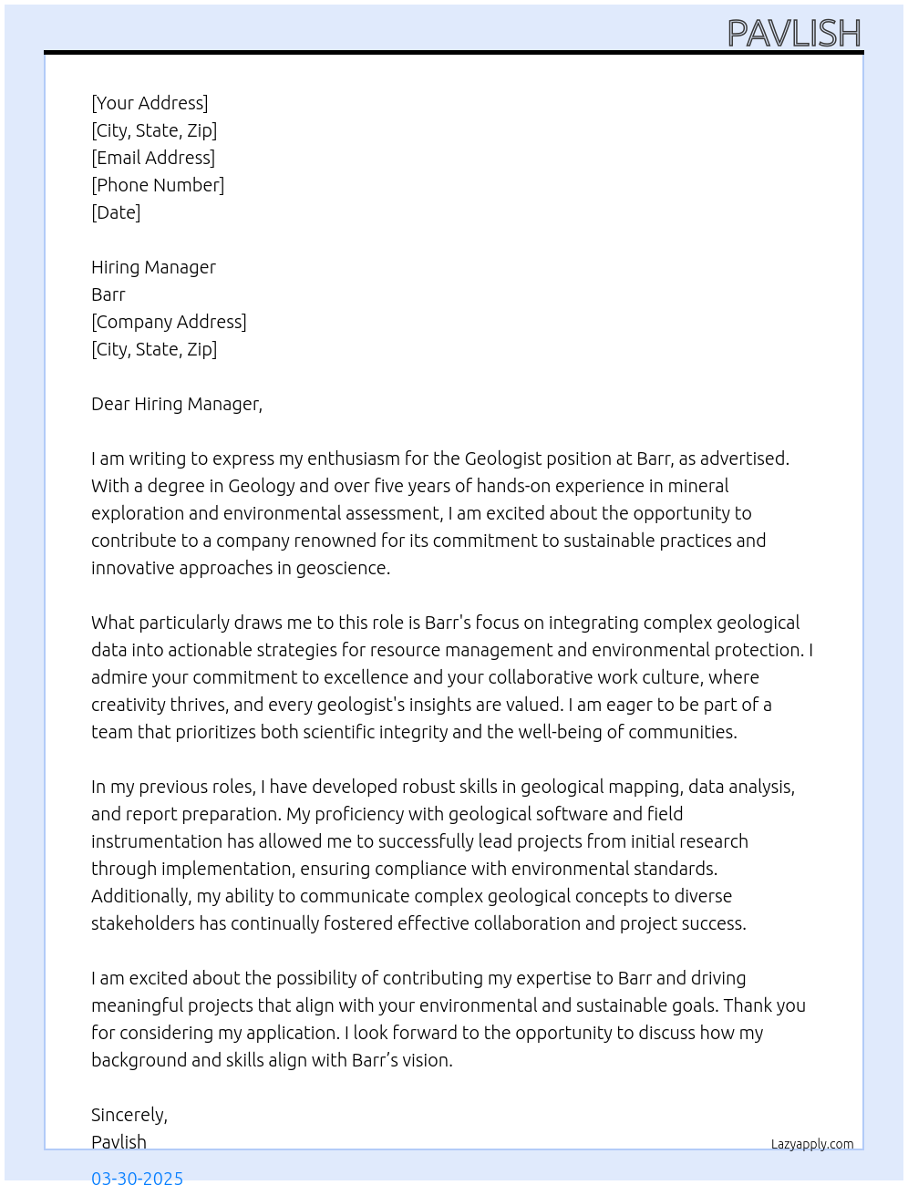 geologist At Barr Cover Letter