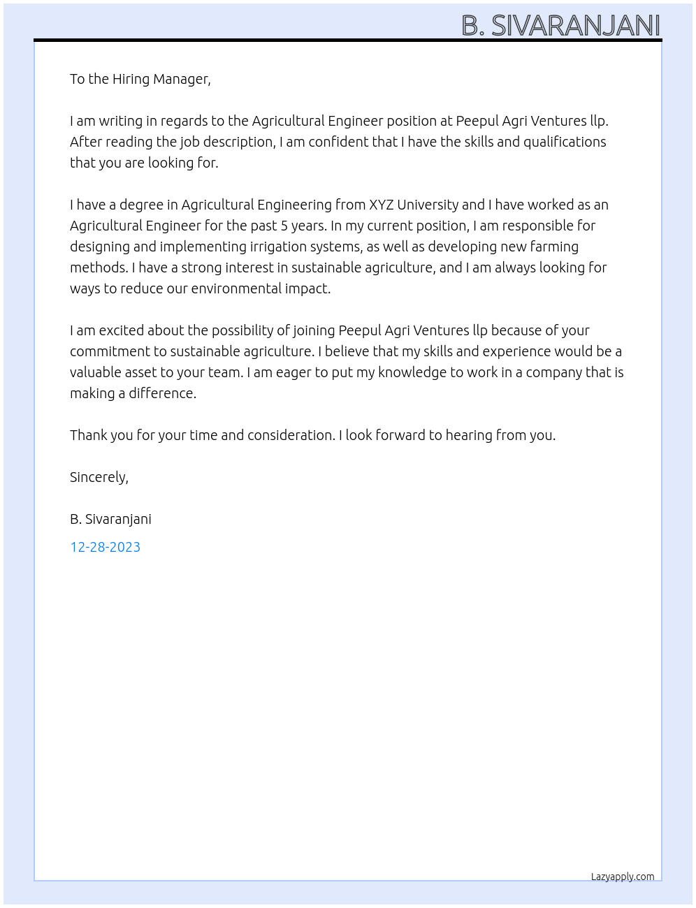 Agricultural Engineer At Peepul Agri Ventures llp Cover Letter