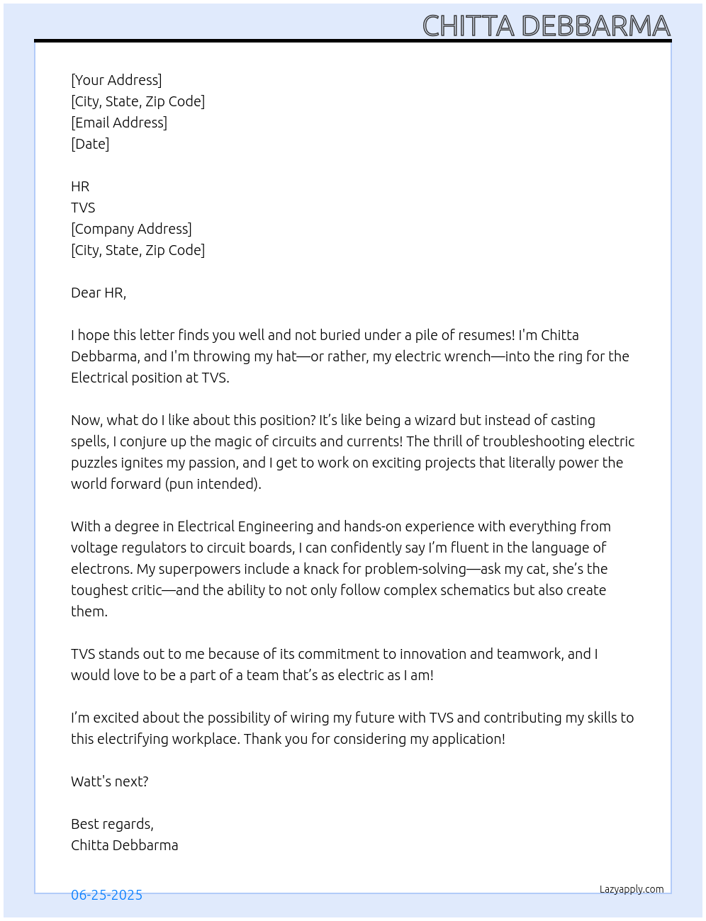 Electrical At TVS Cover Letter