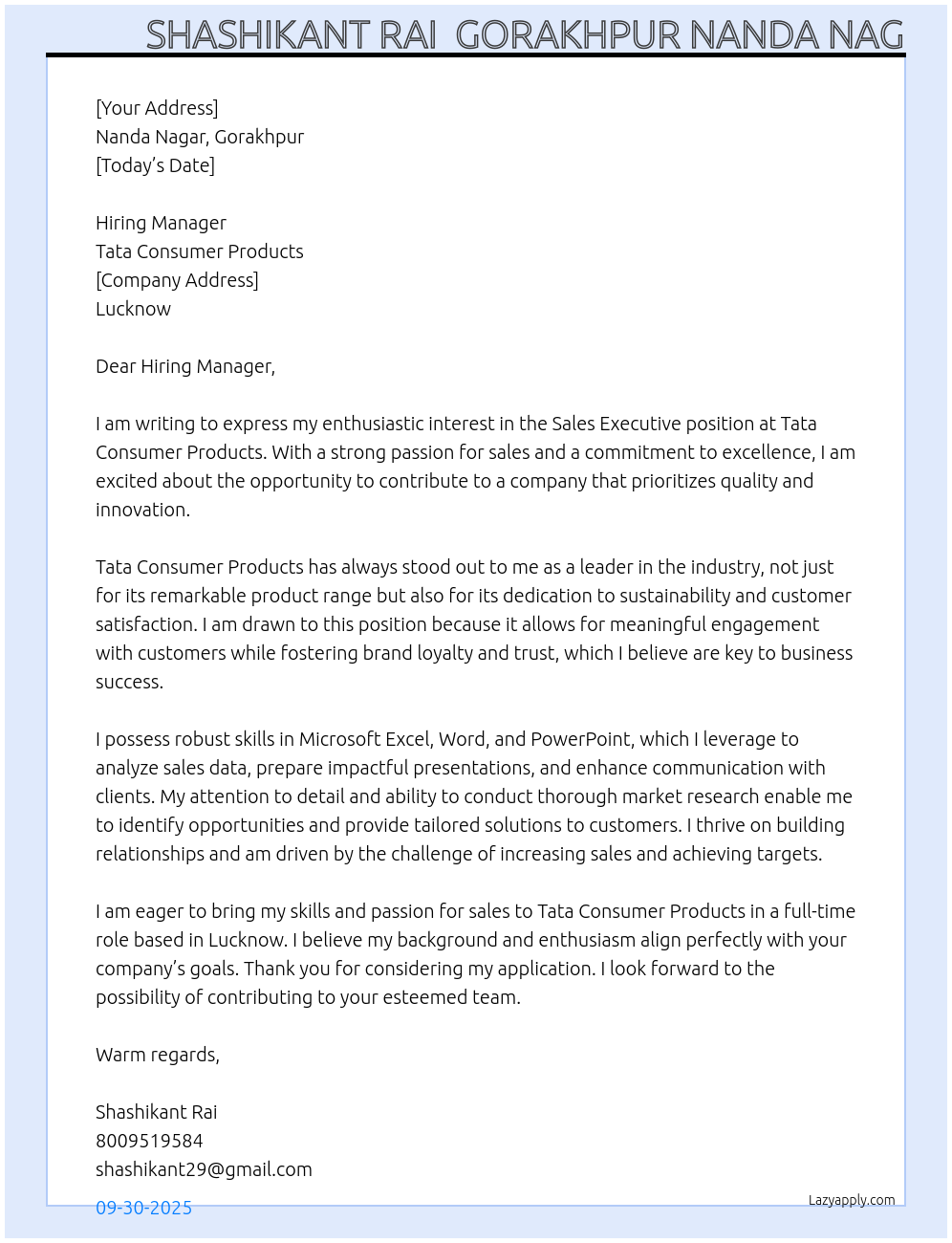 Sales executive  At Tata consumer products  Cover Letter