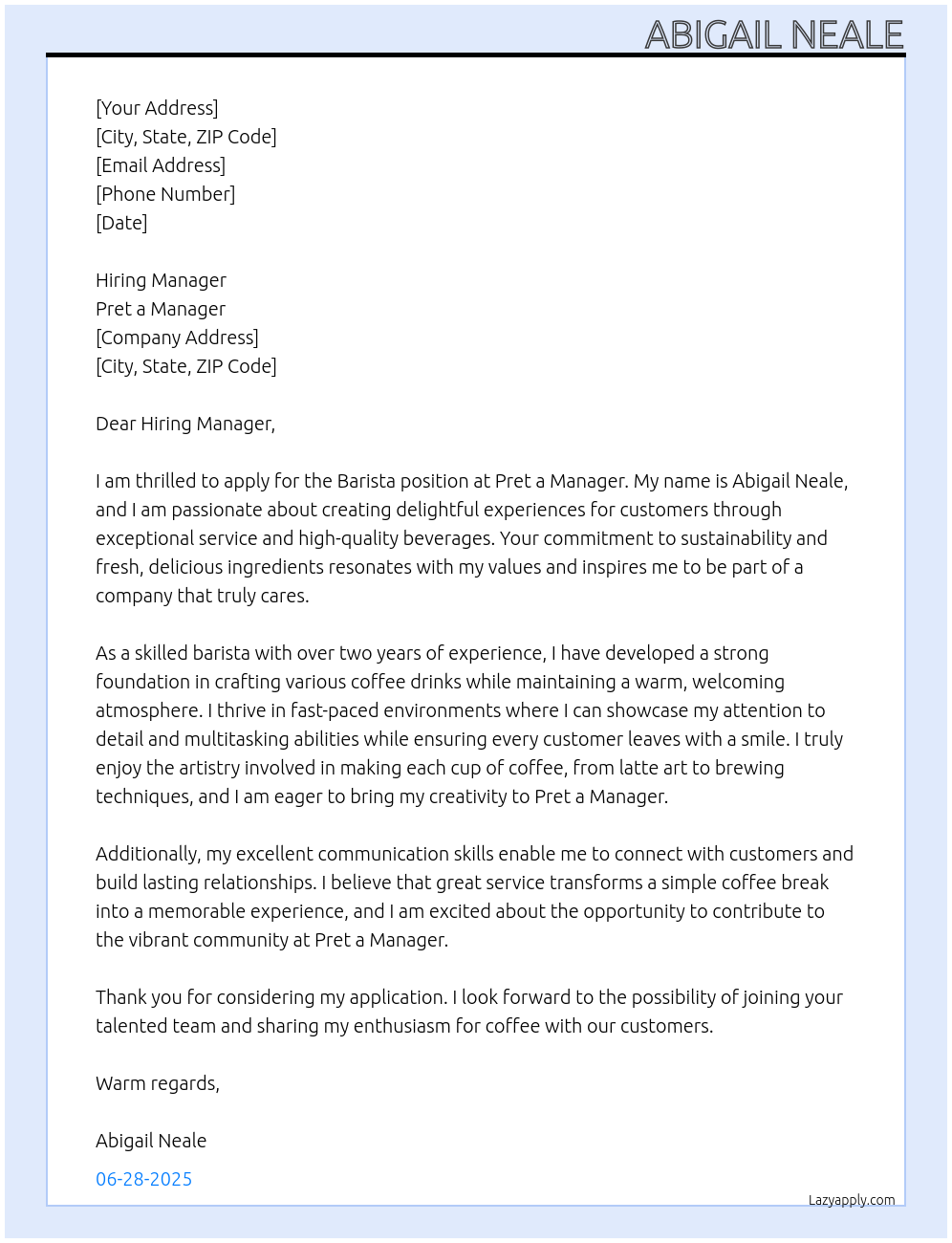 Barista At Pret a Manager Cover Letter